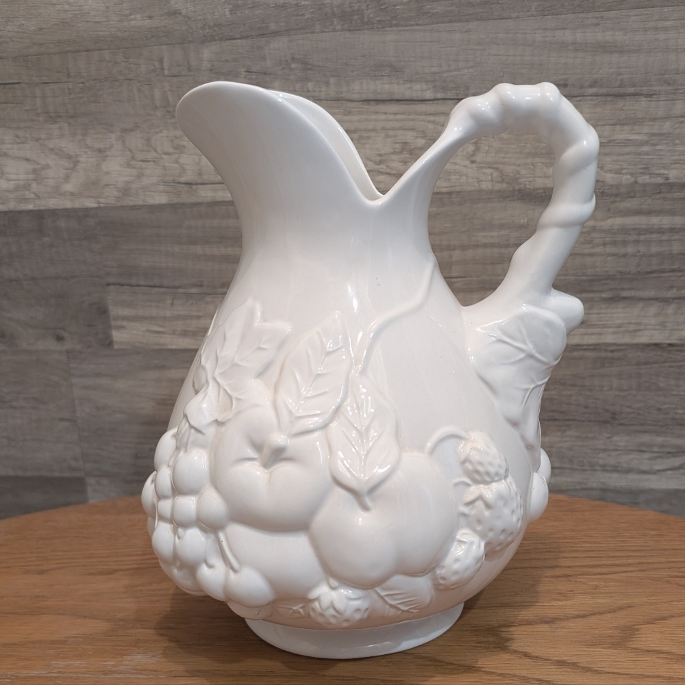 White Embossed Fruit Ceramic Pitcher